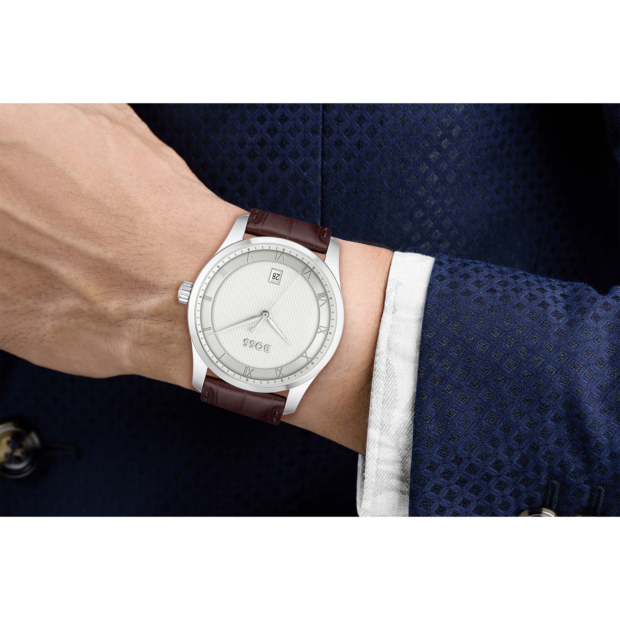Hugo Boss Brown Leather Silver White Dial Men's Watch - 1514114
