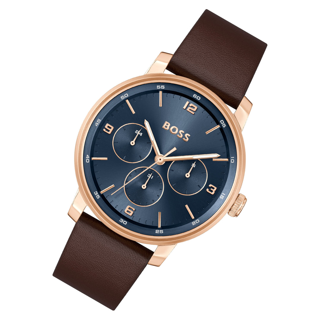 Hugo Boss Brown Leather Blue Dial Multi-function Men's Watch - 1514126