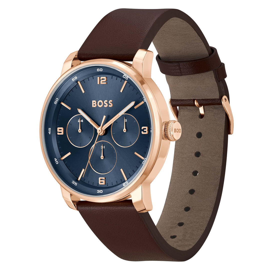 Hugo Boss Brown Leather Blue Dial Multi-function Men's Watch - 1514126