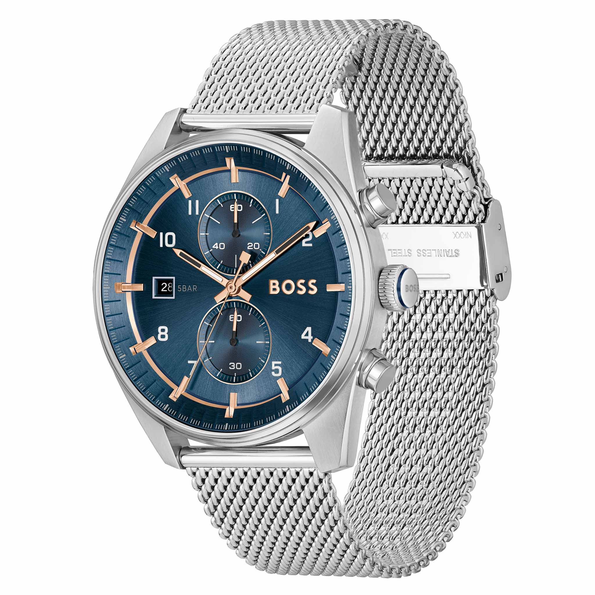 Hugo Boss Stainless Steel Mesh Blue Sunray Dial Chronograph Men's Watch - 1514149