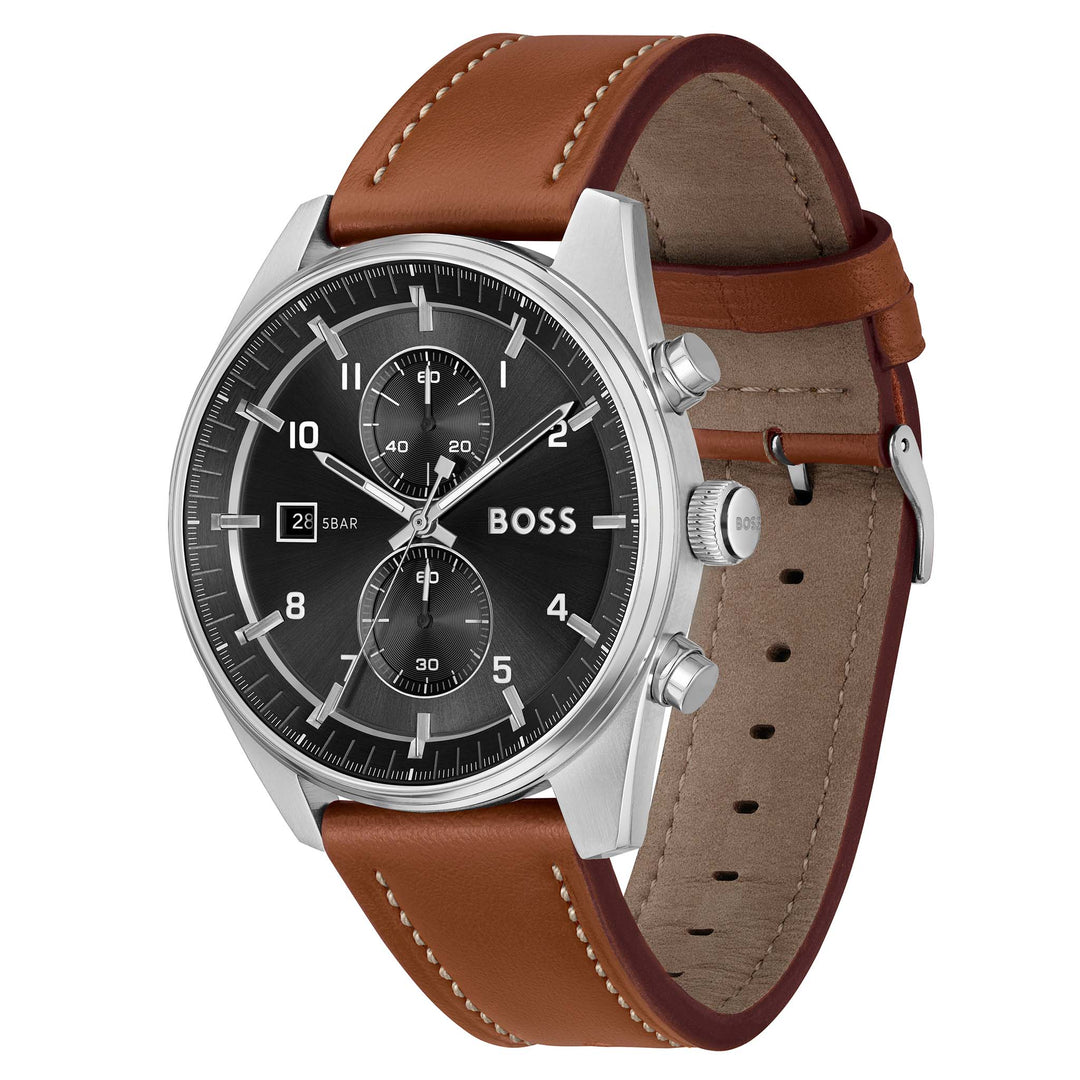 Hugo Boss Brown Leather Black Sunray Dial Fashion Chronograph Men's Watch - 1514161