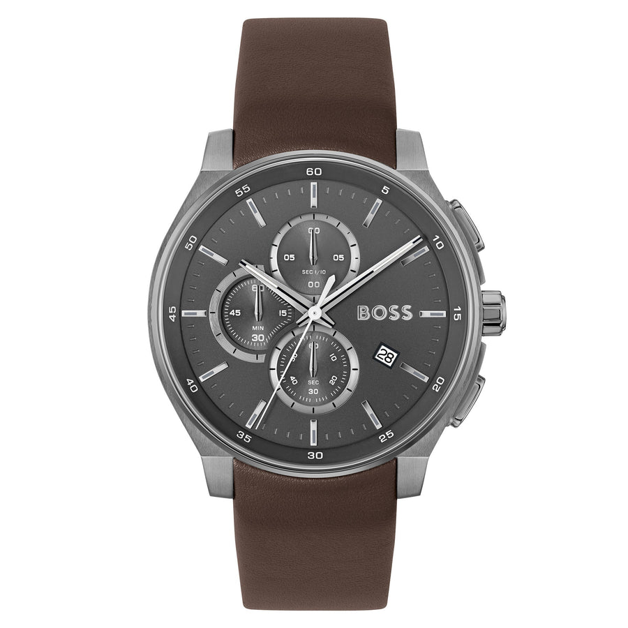 Hugo Boss Brown Leather Grey Dial Chronograph Men's Watch - 1514187