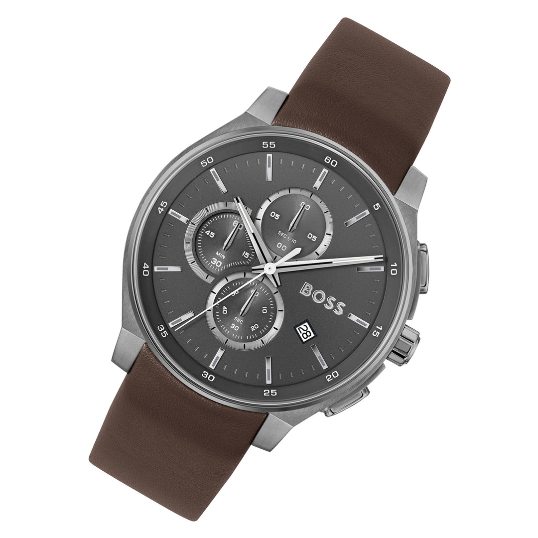 Hugo Boss Brown Leather Grey Dial Chronograph Men's Watch - 1514187