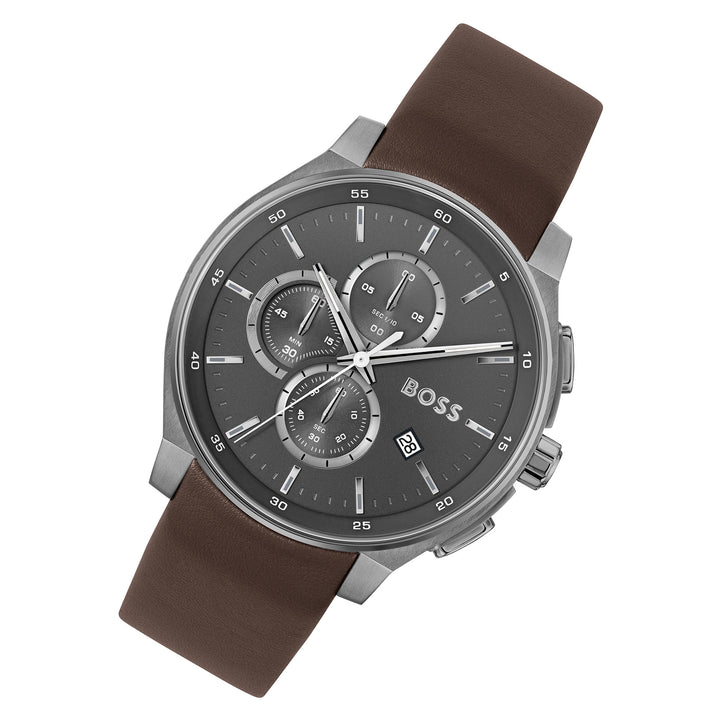 Hugo Boss Brown Leather Grey Dial Chronograph Men's Watch - 1514187