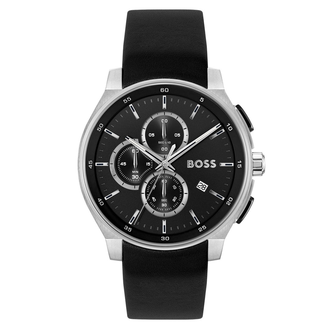 Hugo Boss Leather Black Dial Chronograph Men's Watch - 1514188