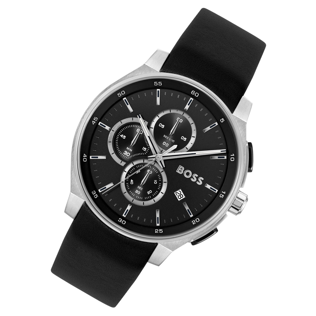 Hugo Boss Leather Black Dial Chronograph Men's Watch - 1514188