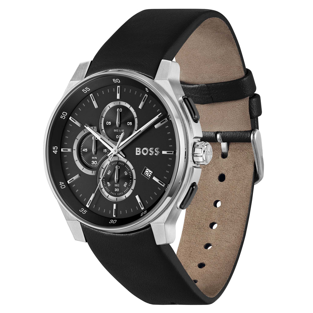 Hugo Boss Leather Black Dial Chronograph Men's Watch - 1514188