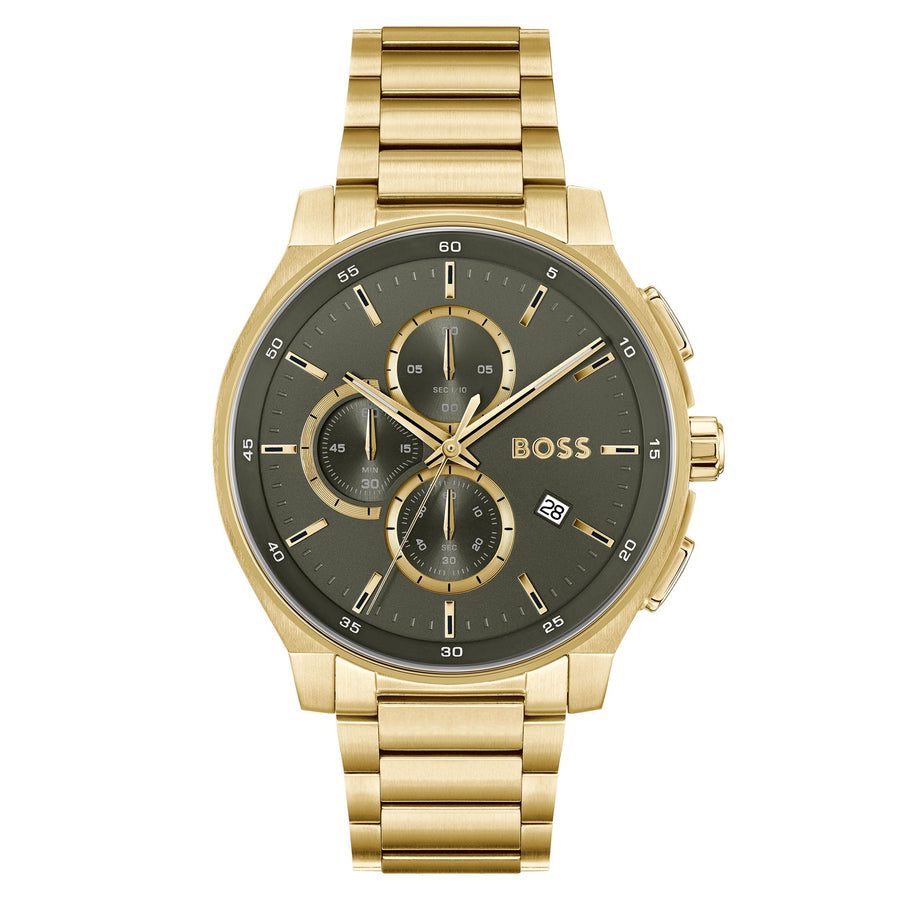 Hugo Boss Gold Steel Olive Green Dial Chronograph Men's Watch - 1514190