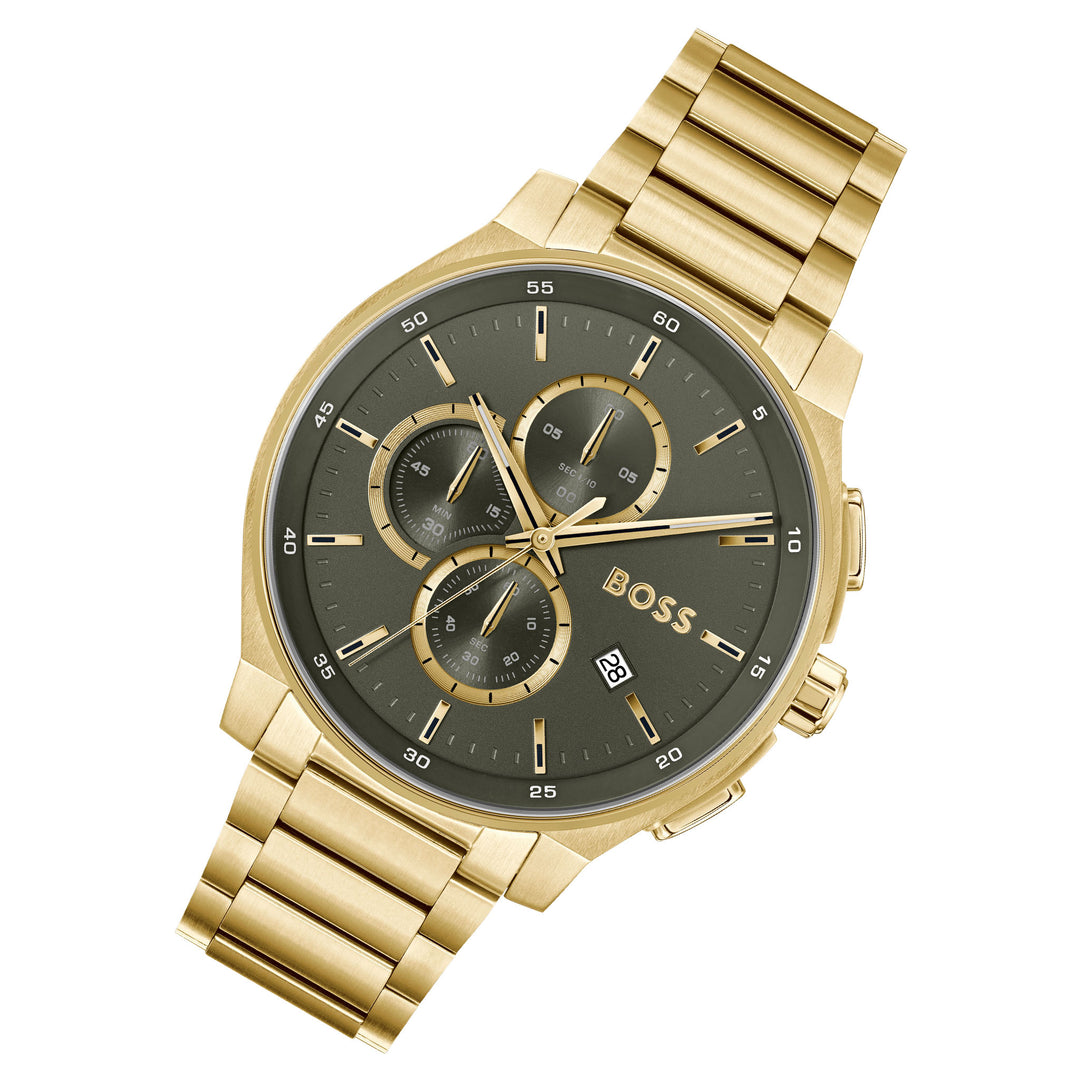 Hugo Boss Gold Steel Olive Green Dial Chronograph Men's Watch - 1514190