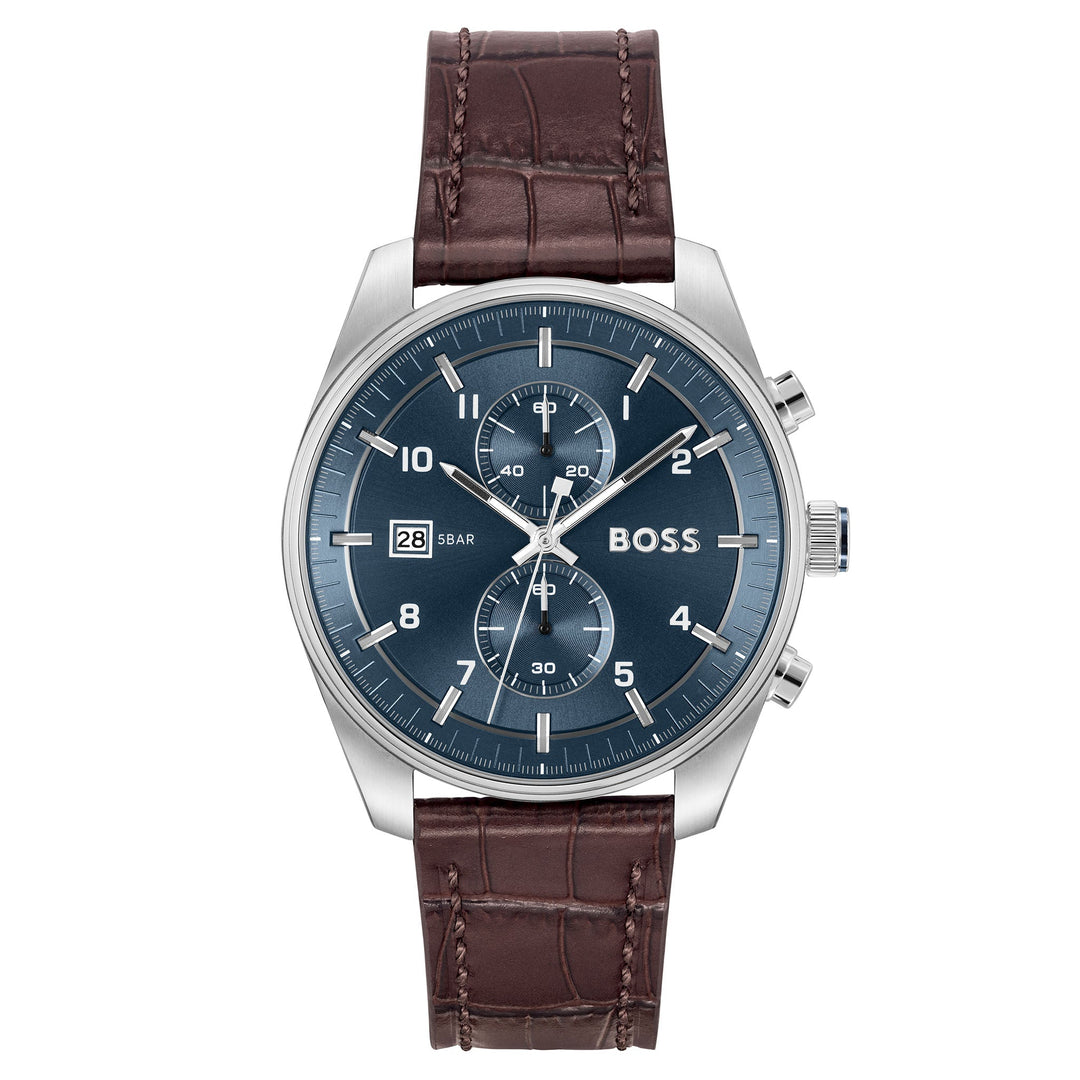 Hugo Boss Brown Croc Leather Blue Dial Fashion Chronograph Men's Watch - 1514194