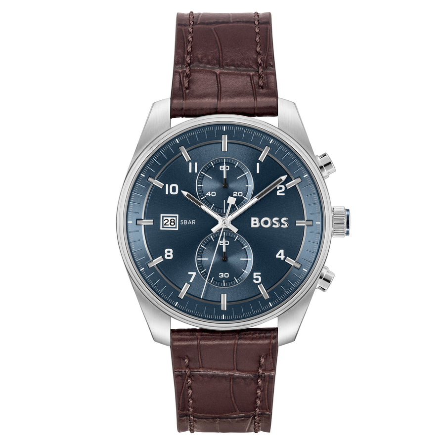 Hugo Boss Brown Croc Leather Blue Dial Fashion Chronograph Men's Watch - 1514194