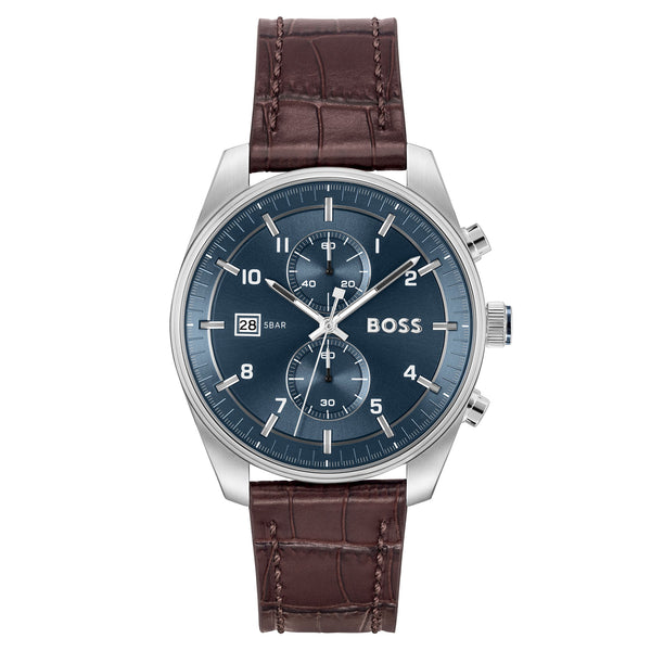 BOSS by Hugo Boss Brown Leather Blue Dial Chronograph Men's Watch - 15