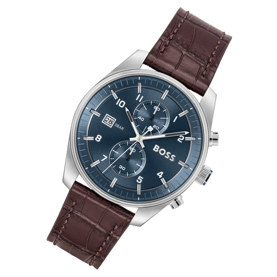 Hugo Boss Brown Leather Blue Dial Chronograph Men's Watch - 1514194