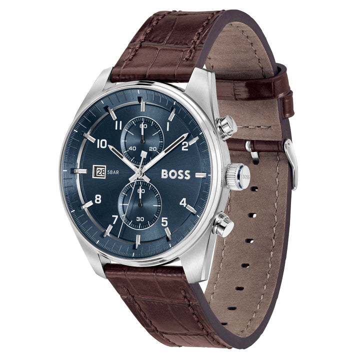 Hugo Boss Brown Leather Blue Dial Chronograph Men's Watch - 1514194