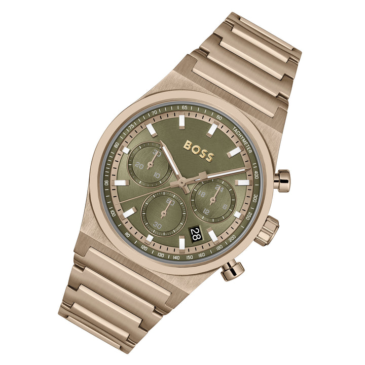 Hugo Boss Beige Gold Steel Olive Green Dial Chronograph Men's Watch - 1514222