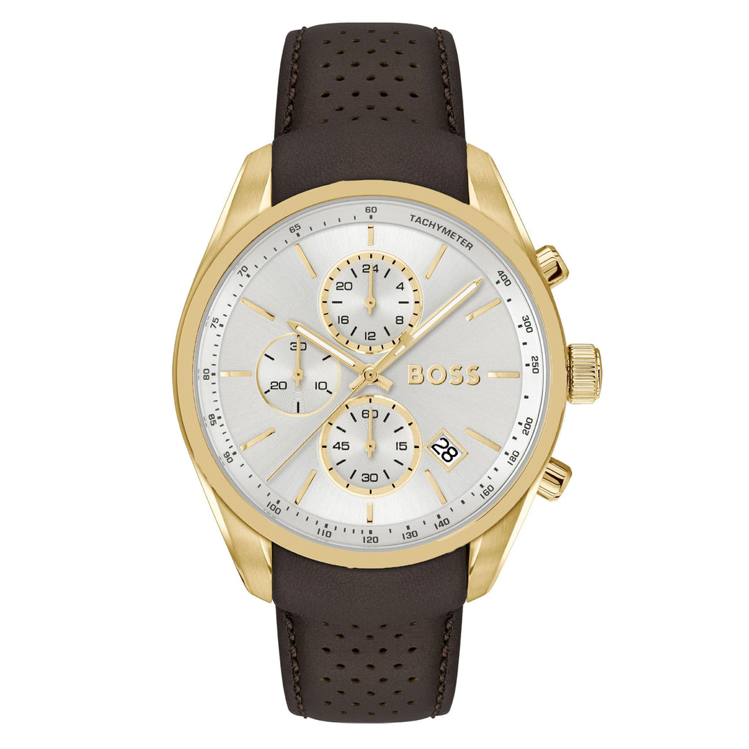 Hugo Boss Brown Leather Silver White Chronograph Men's Watch - 1514225