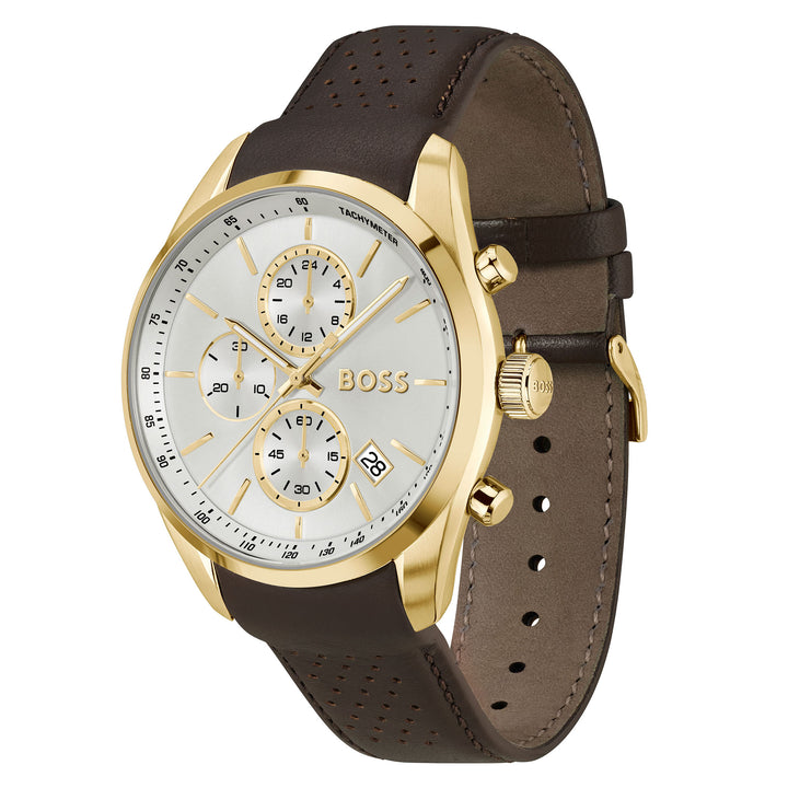 Hugo Boss Brown Leather Silver White Chronograph Men's Watch - 1514225