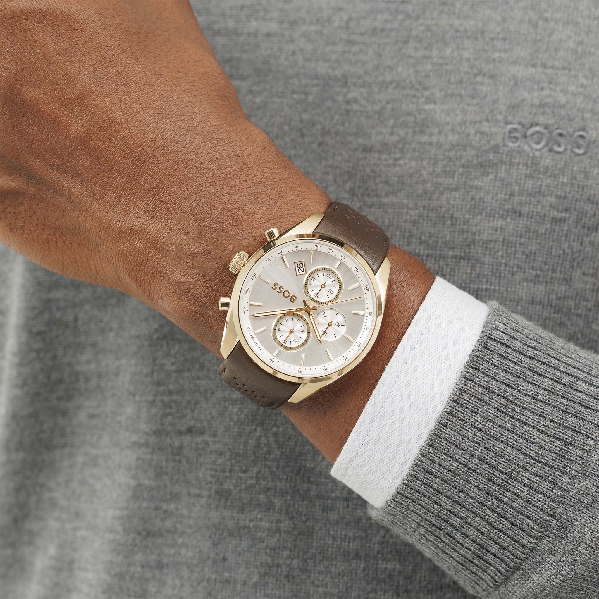 Hugo Boss Brown Leather Silver White Chronograph Men's Watch - 1514225