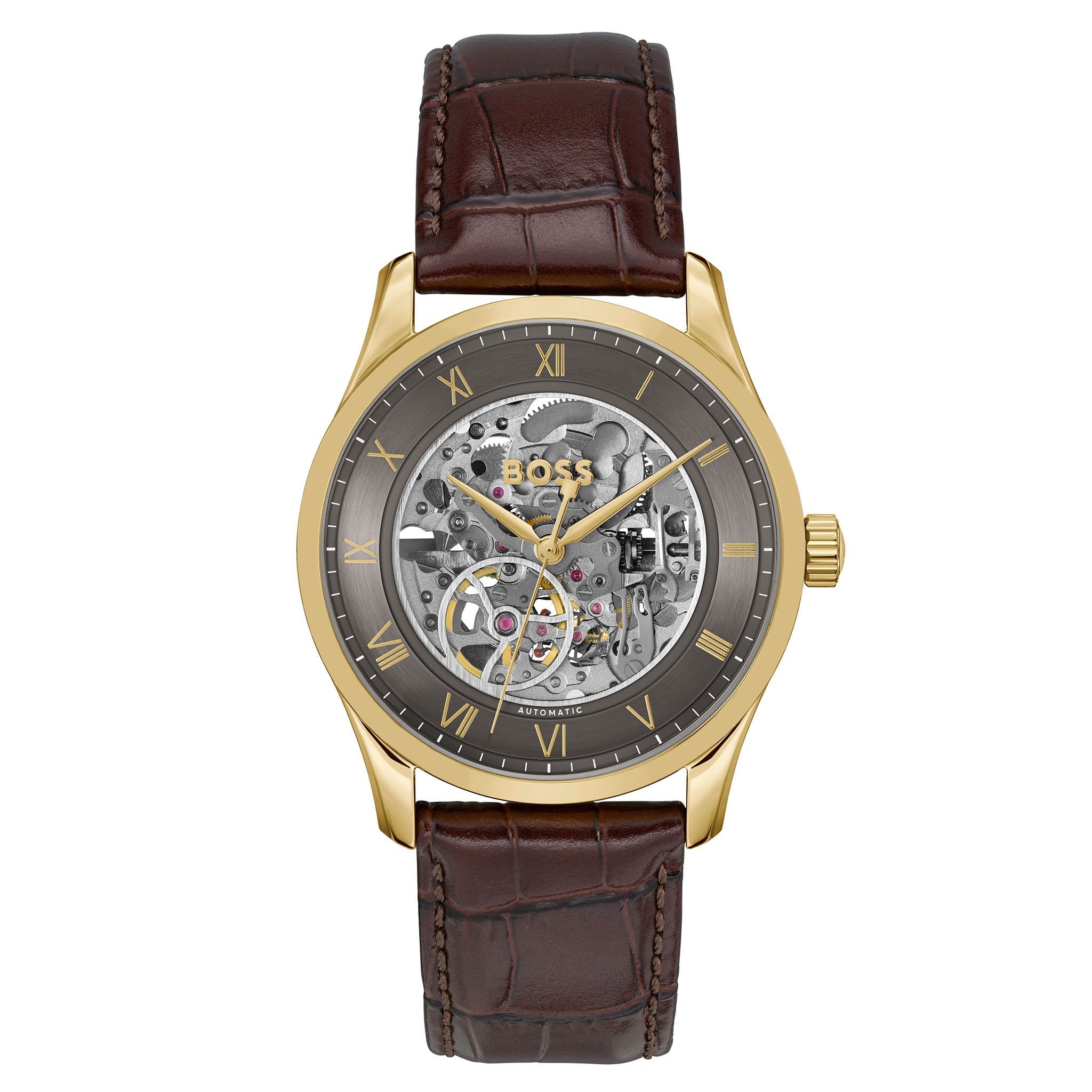 Hugo Boss Brown Calfskin Leather Dark Grey Dial Mechanical-Automatic Men's Watch - 1514235