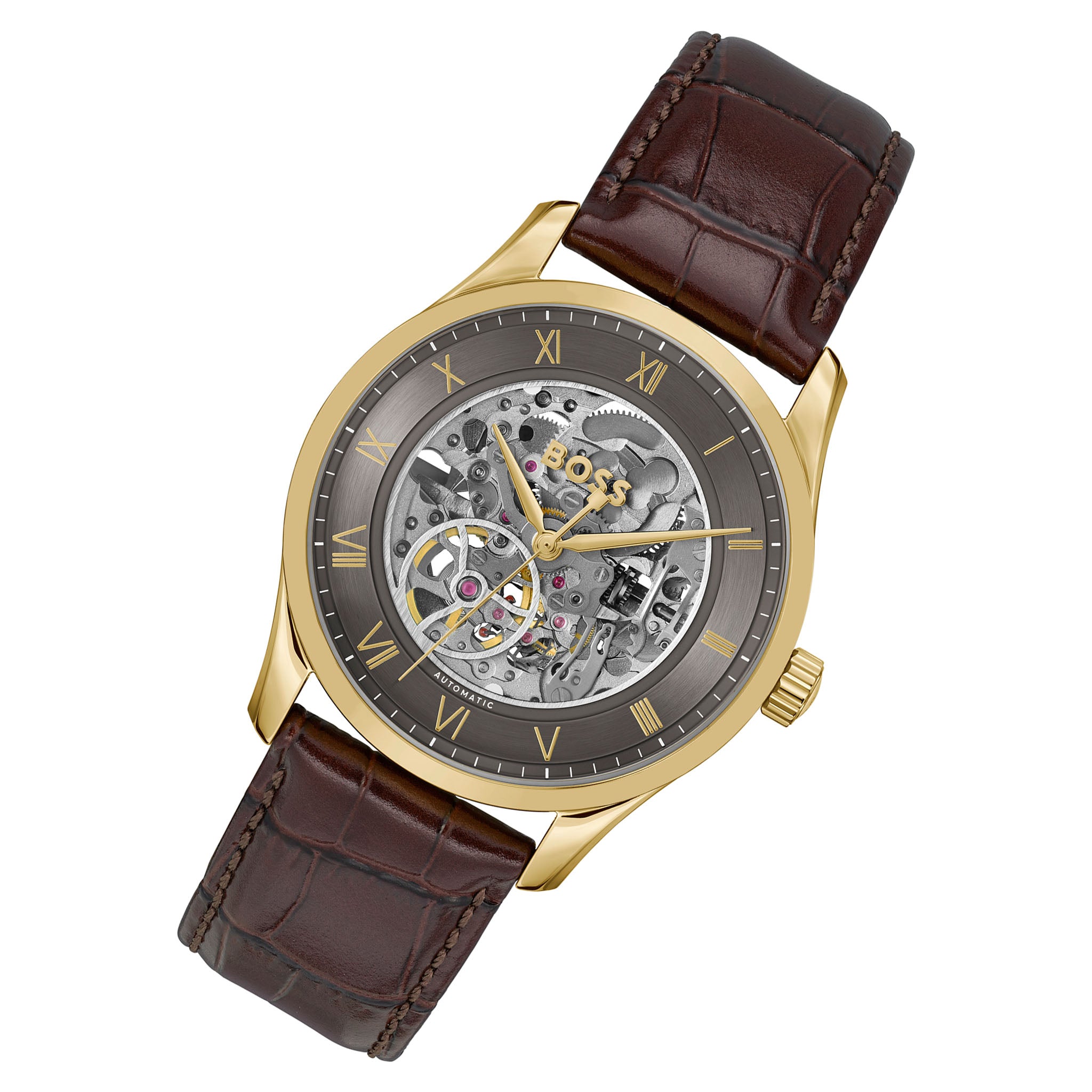 Hugo Boss Brown Calfskin Leather Dark Grey Dial Mechanical-Automatic Men's Watch - 1514235