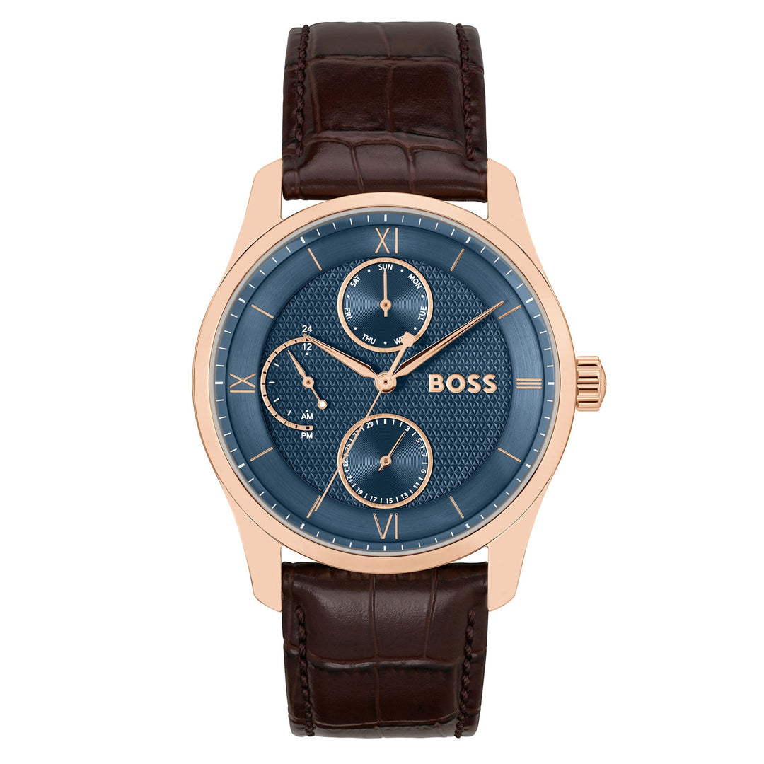 Hugo Boss Brown Leather Blue Dial Multi-function Men's Watch - 1514273