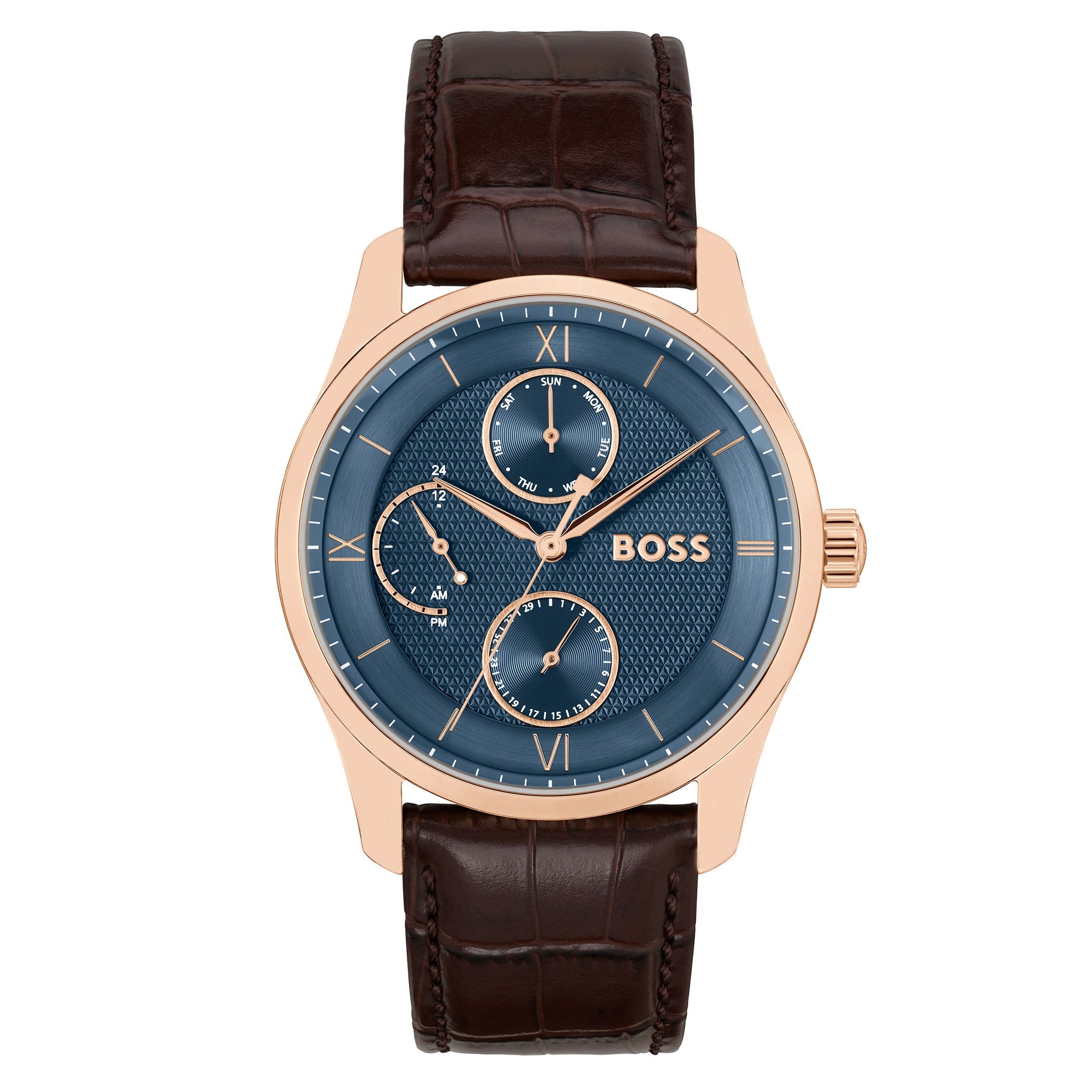 Hugo Boss Brown Leather Blue Dial Multi-function Men's Watch - 1514273