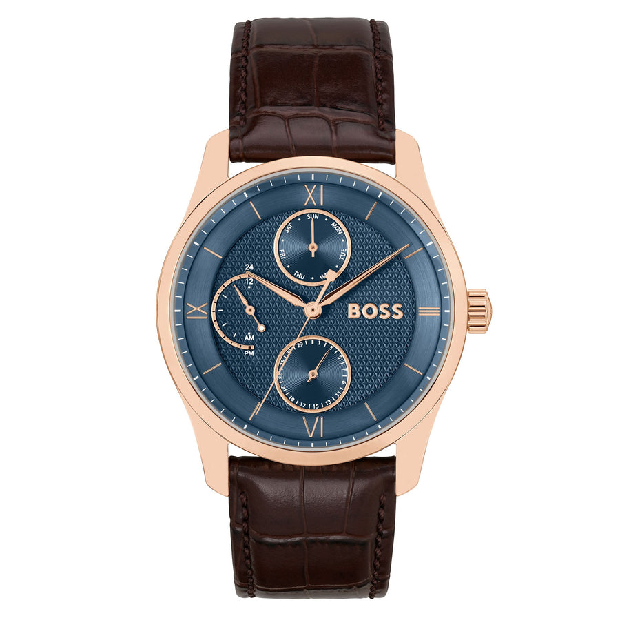 Hugo Boss Brown Leather Blue Dial Multi-function Men's Watch - 1514273