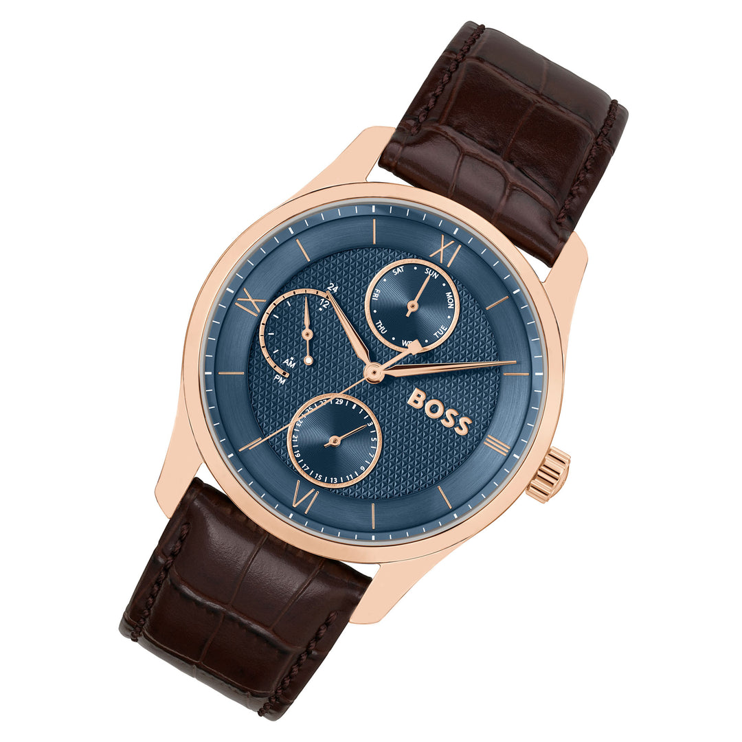 Hugo Boss Brown Leather Blue Dial Multi-function Men's Watch - 1514273