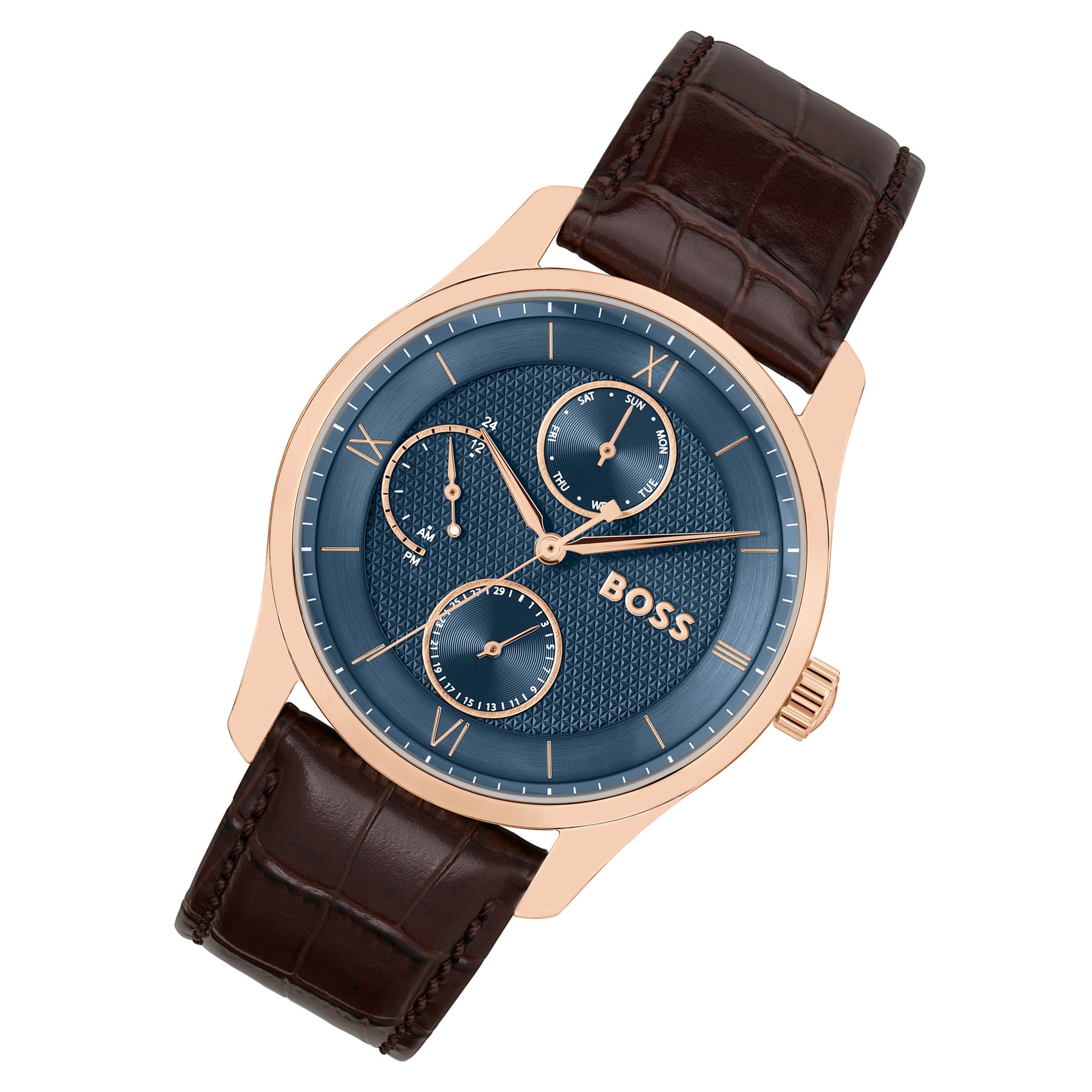 Hugo Boss Brown Leather Blue Dial Multi-function Men's Watch - 1514273