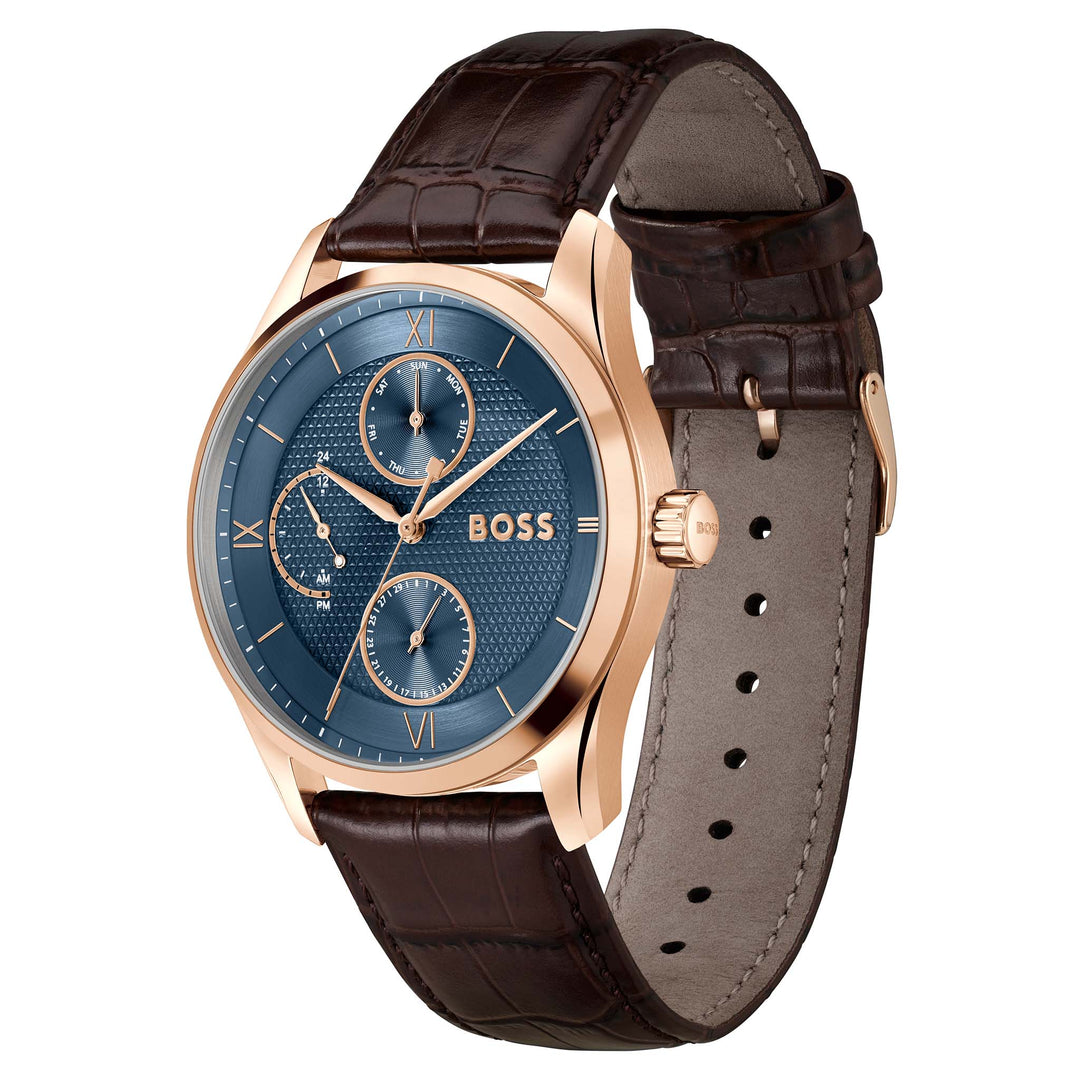 Hugo Boss Brown Leather Blue Dial Multi-function Men's Watch - 1514273