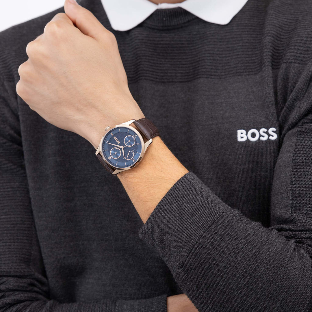 Hugo Boss Brown Leather Blue Dial Multi-function Men's Watch - 1514273