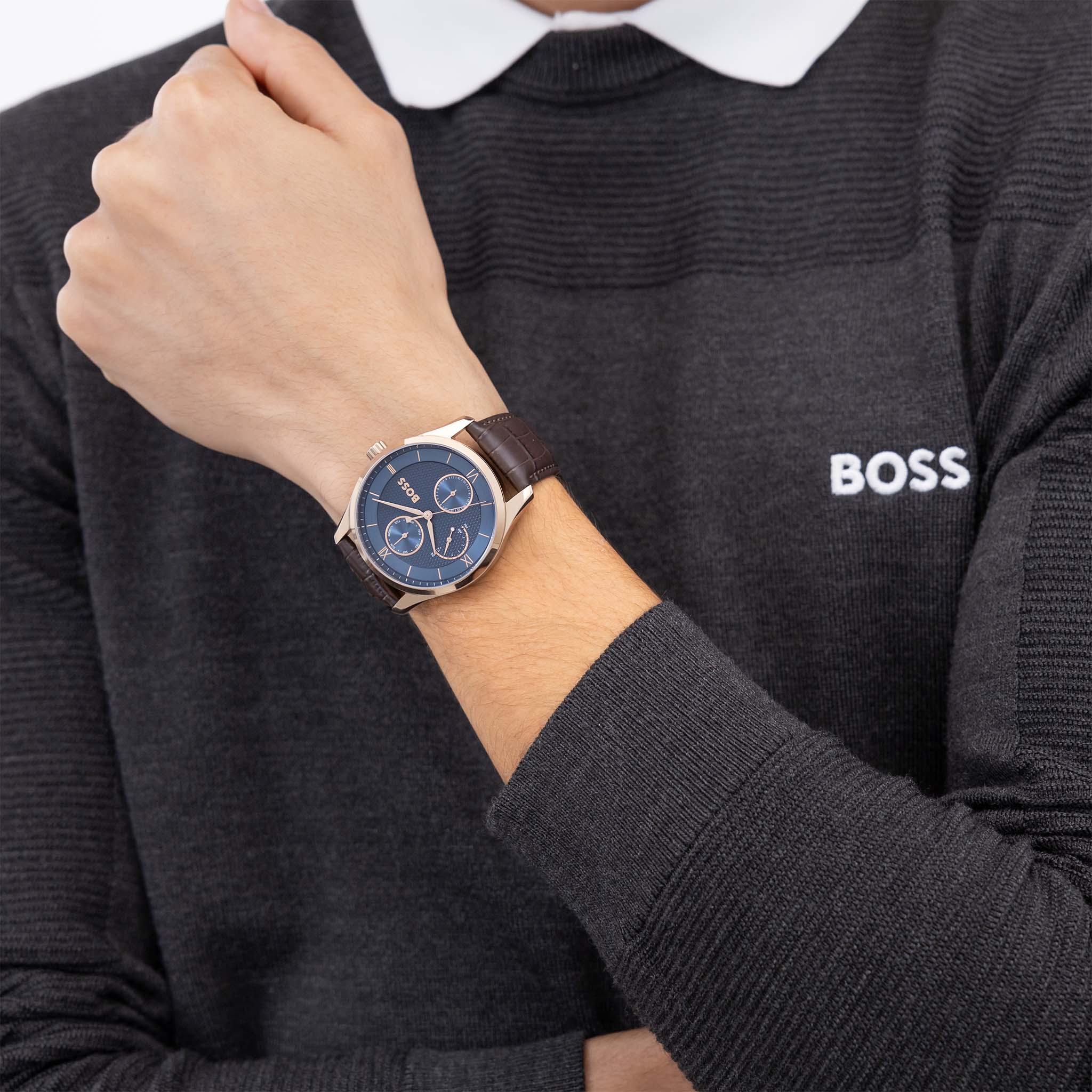 Hugo Boss Brown Leather Blue Dial Multi-function Men's Watch - 1514273