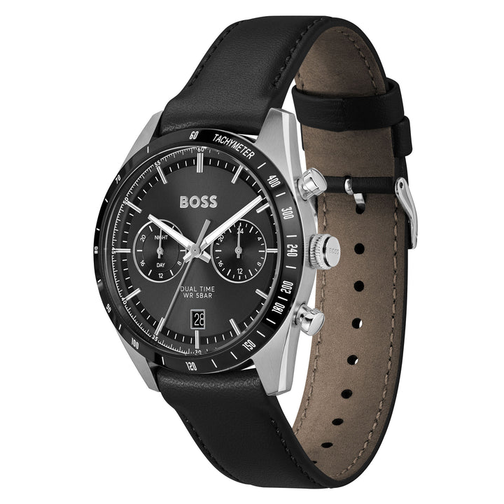 Hugo Boss Leather Black Dial Multi-function Men's Watch - 1514284