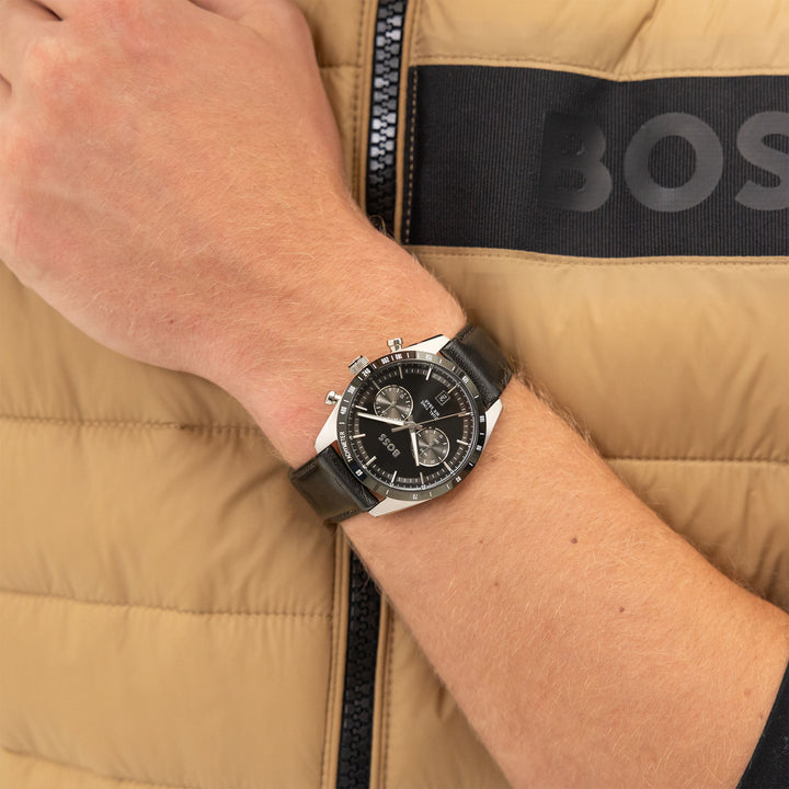 Hugo Boss Leather Black Dial Multi-function Men's Watch - 1514284