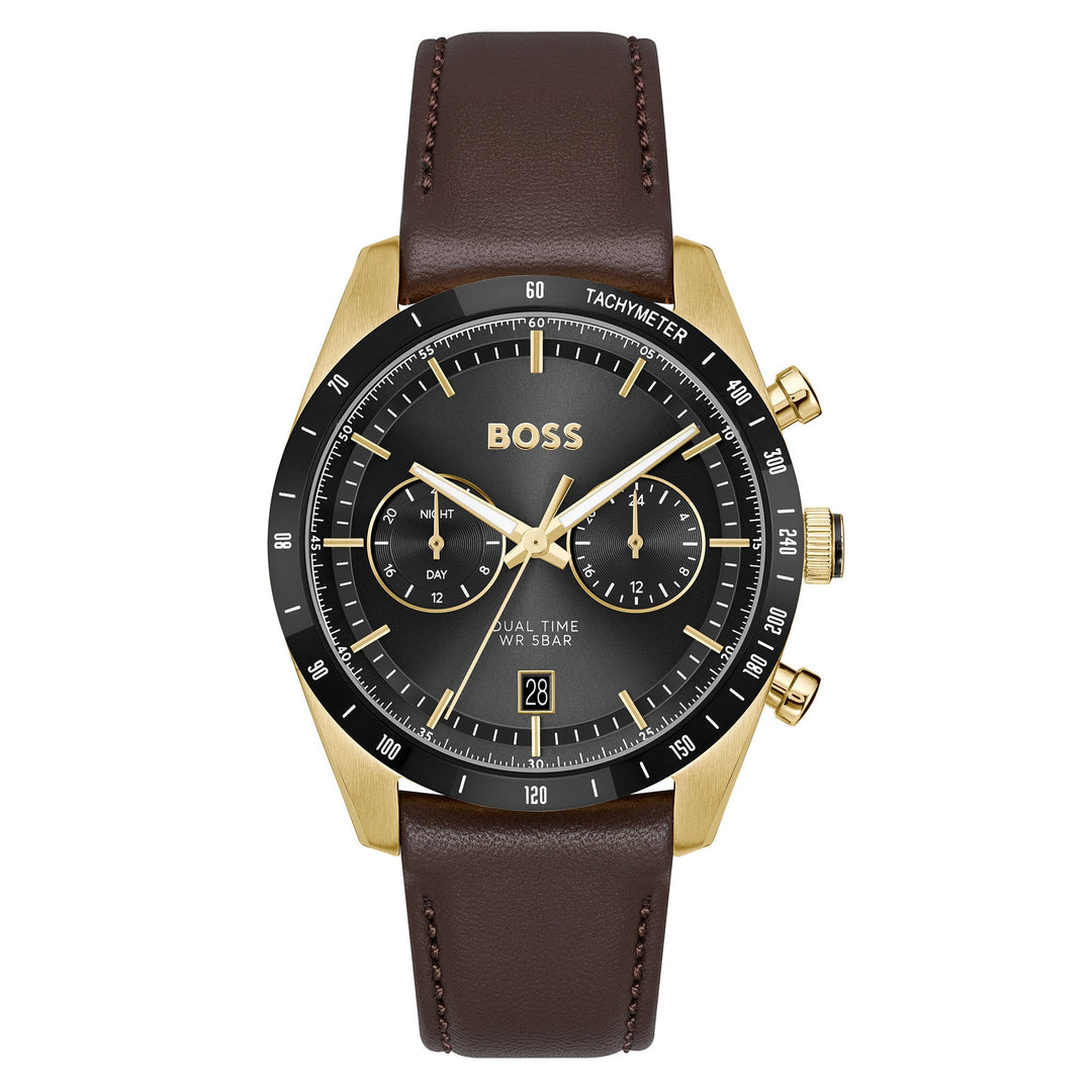 Hugo Boss Brown Leather Black Dial Multi-function Men's Watch - 1514285