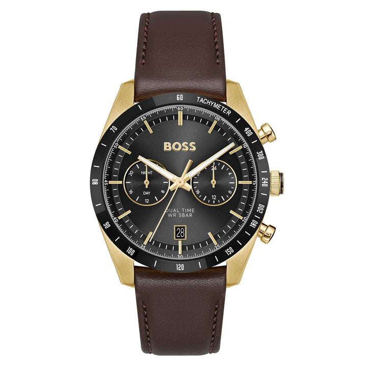 Hugo Boss Brown Leather Black Dial Multi-function Men's Watch - 1514285