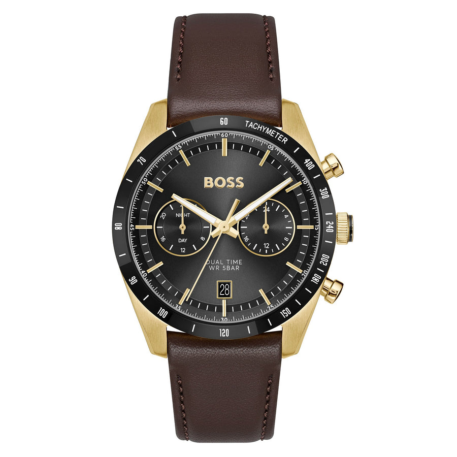 Hugo Boss Brown Leather Black Dial Multi-function Men's Watch - 1514285