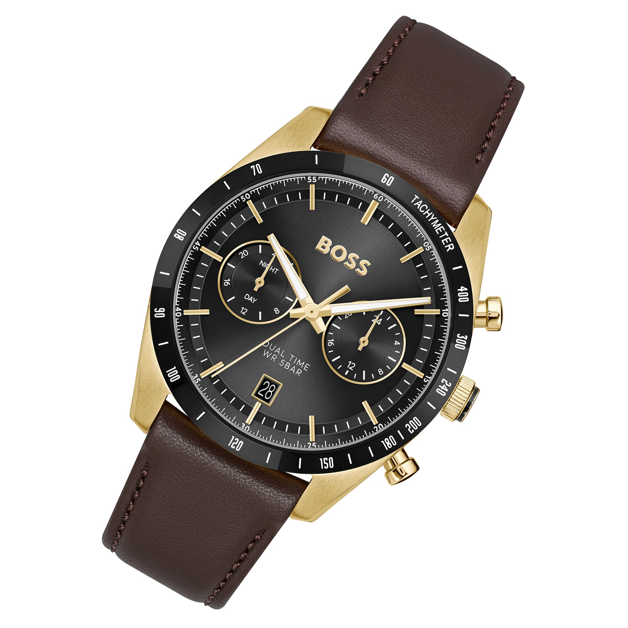Hugo Boss Brown Leather Black Dial Multi-function Men's Watch - 1514285