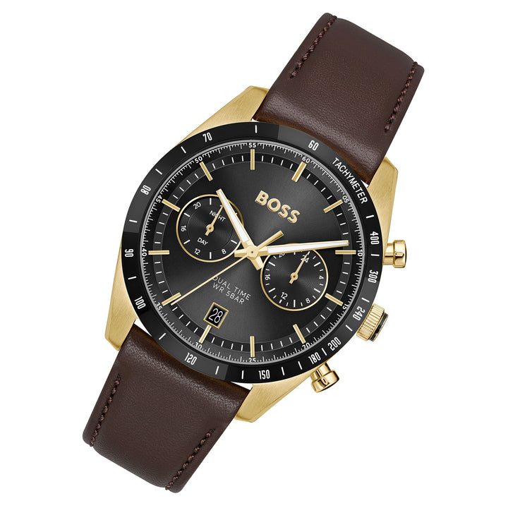 Hugo Boss Brown Leather Black Dial Multi-function Men's Watch - 1514285
