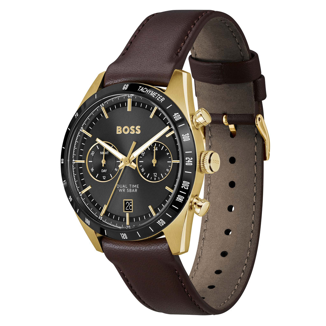 Hugo Boss Brown Leather Black Dial Multi-function Men's Watch - 1514285