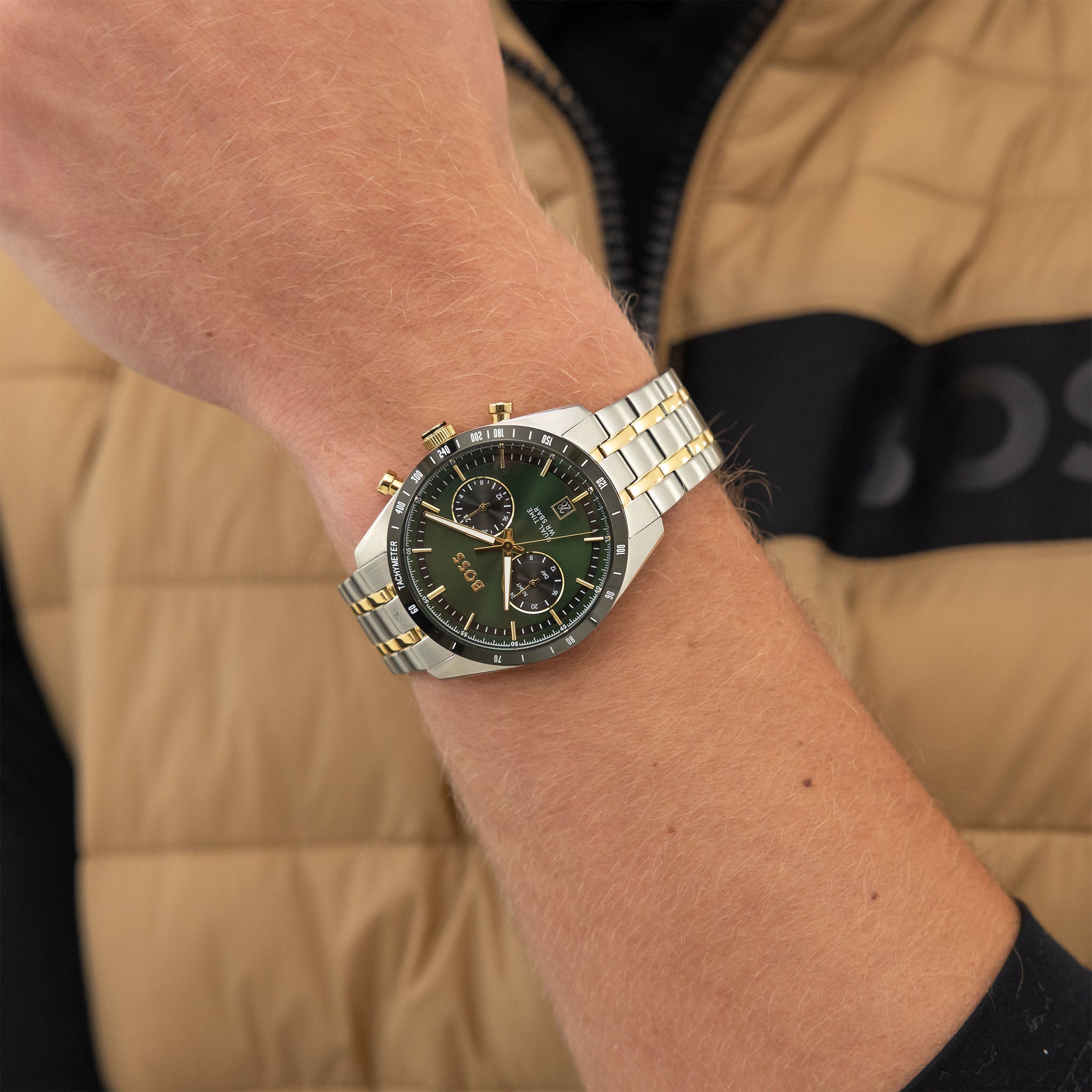 Hugo Boss Two-Tone Steel Green Dial Multi-function Men's Watch - 1514287