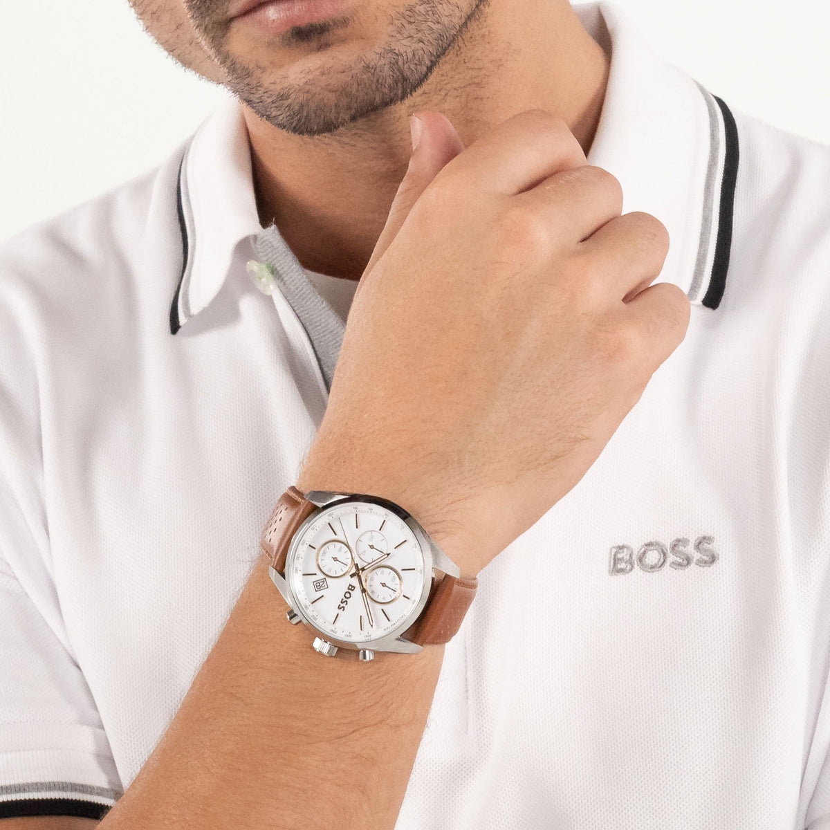 BOSS by Hugo Boss Brown Leather White Dial Chronograph Men's Watch - 1514313