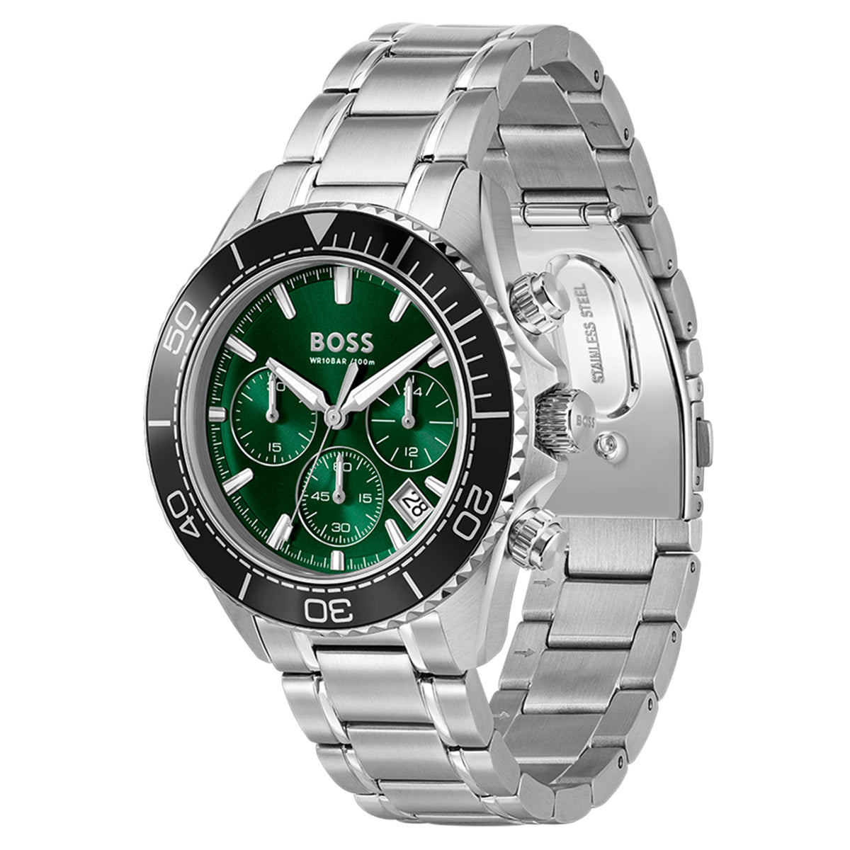 BOSS by Hugo Boss Silver Steel Green Dial Chronograph Men's Watch - 1514321