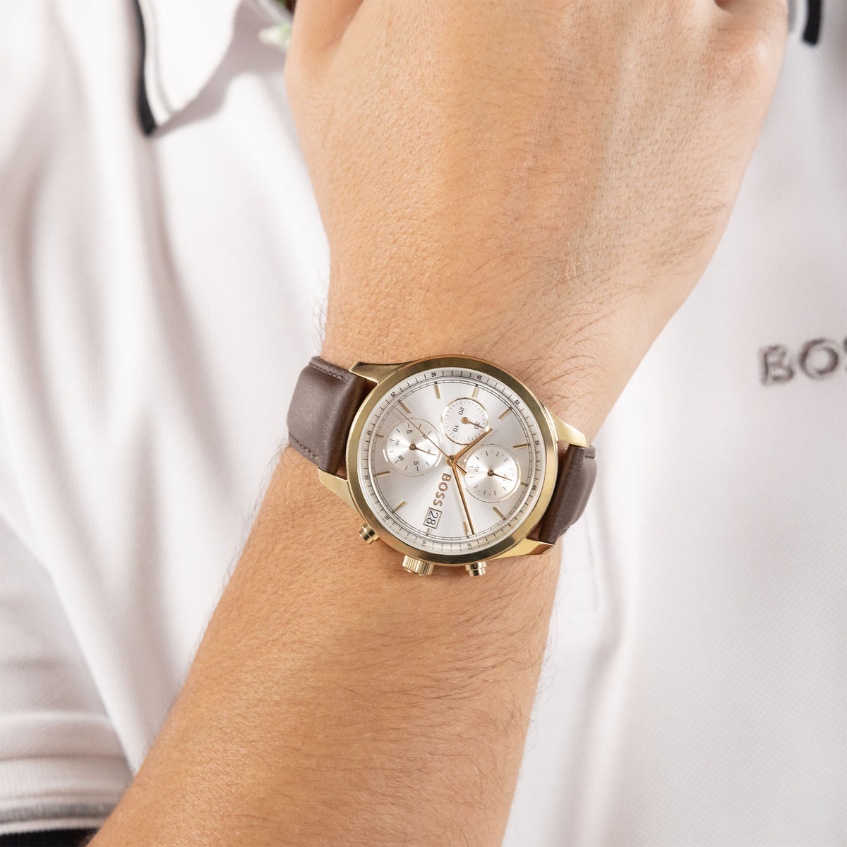 BOSS by Hugo Boss Brown Leather Silver White Dial Chronograph Men's Watch - 1514327