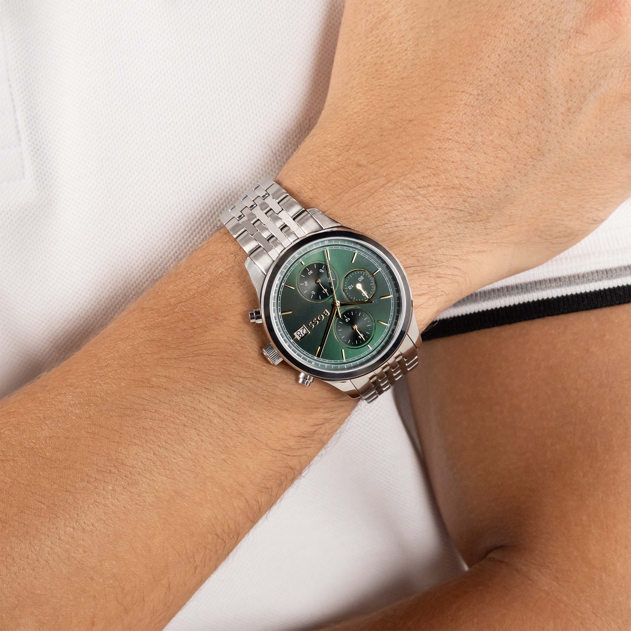 BOSS by Hugo Boss Silver Steel Green Dial Chronograph Men's Watch - 1514330