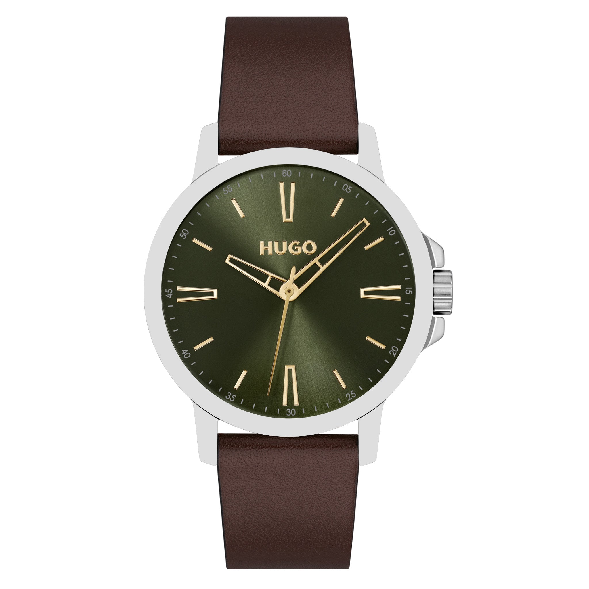 Hugo Leather Olive Green Dial Basic Men's Watch - 1530418