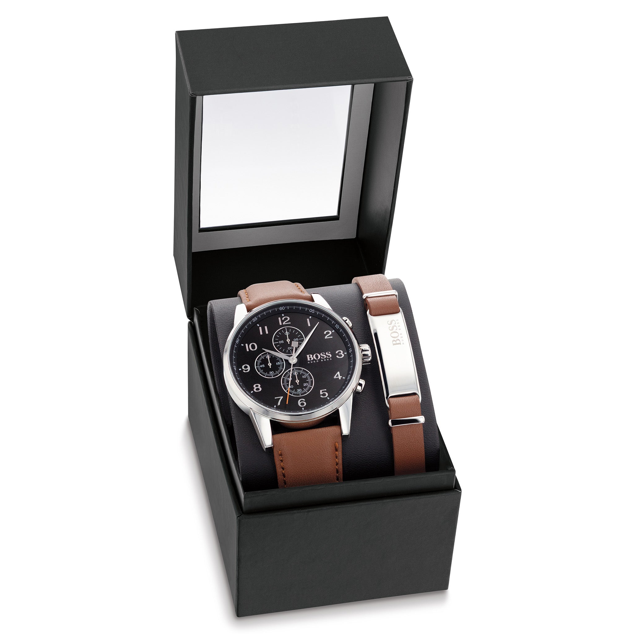 Hugo Boss Brown Leather Black Dial Chronograph with Bracelet Men's Gift Set Watch - 1570097