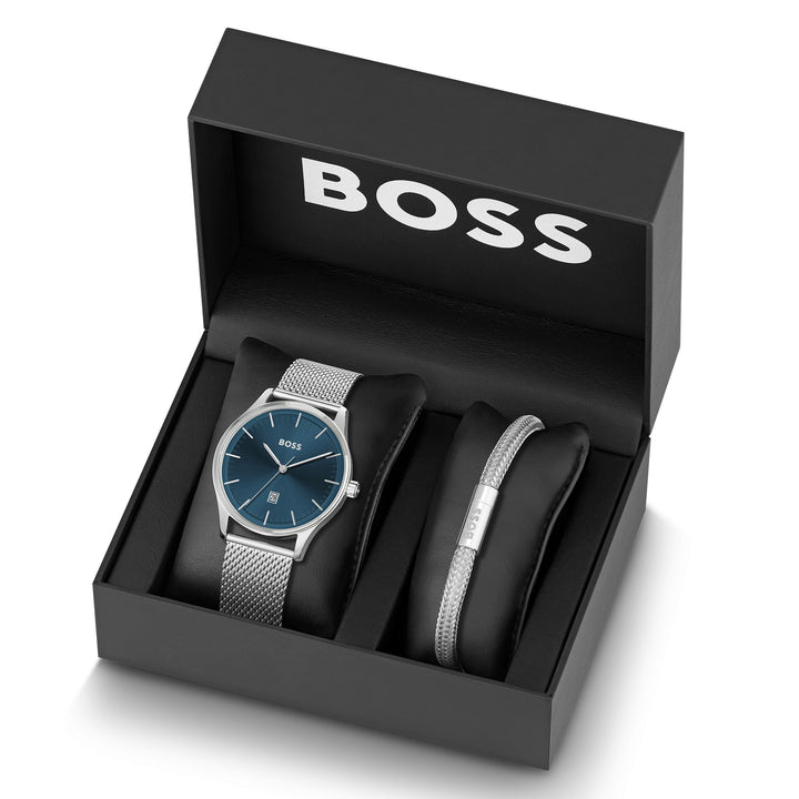 Hugo Boss Silver Steel Mesh Blue Sunray Dial Men's Gift Set Watch - 1570160