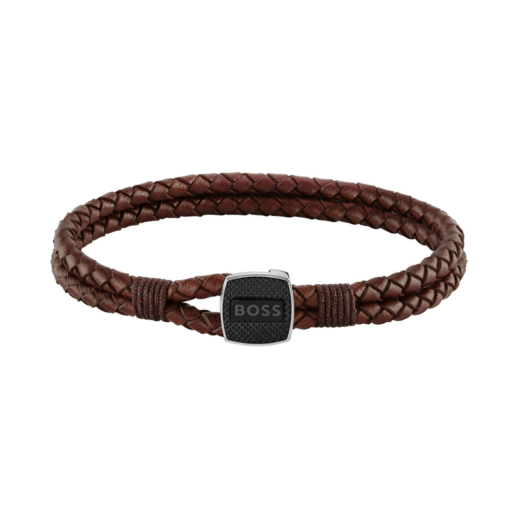 Hugo Boss Ring BOSS by Hugo Boss Jewellery Black Steel & Brown Leather Men's Bracelet