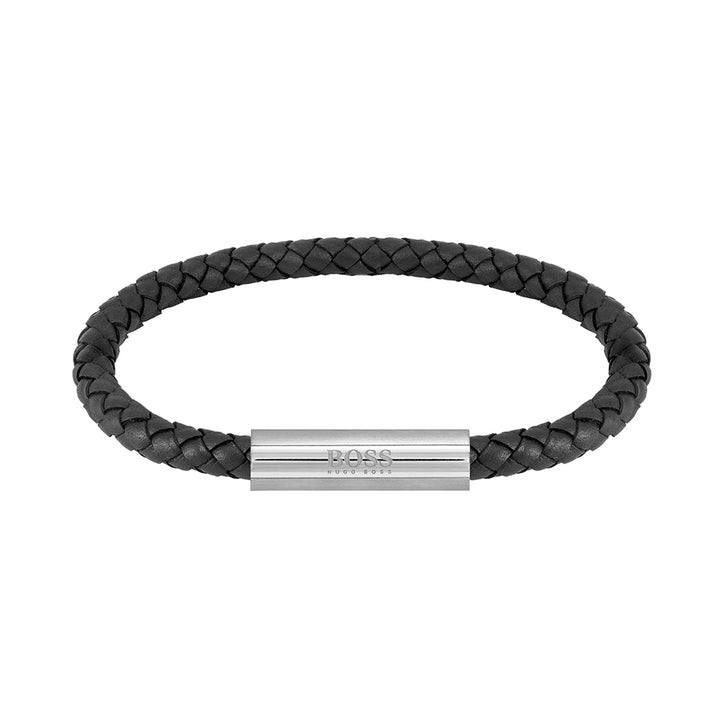 Hugo Boss Jewellery Stainless Steel & Black Leather Men's Bracelet - 1580152